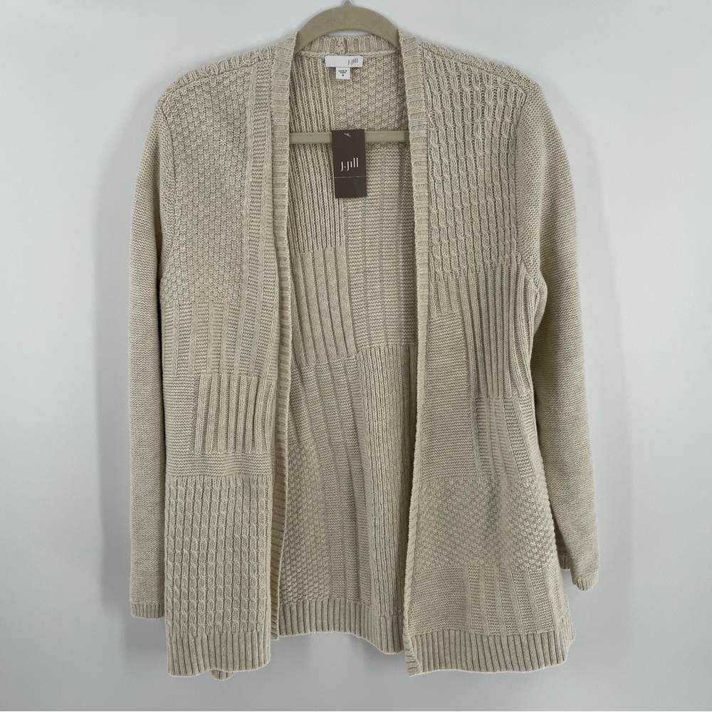 NWT J. Jill Cotton Wool Blend Oatmeal Open Front Knit Patchwork Cardigan Sweater